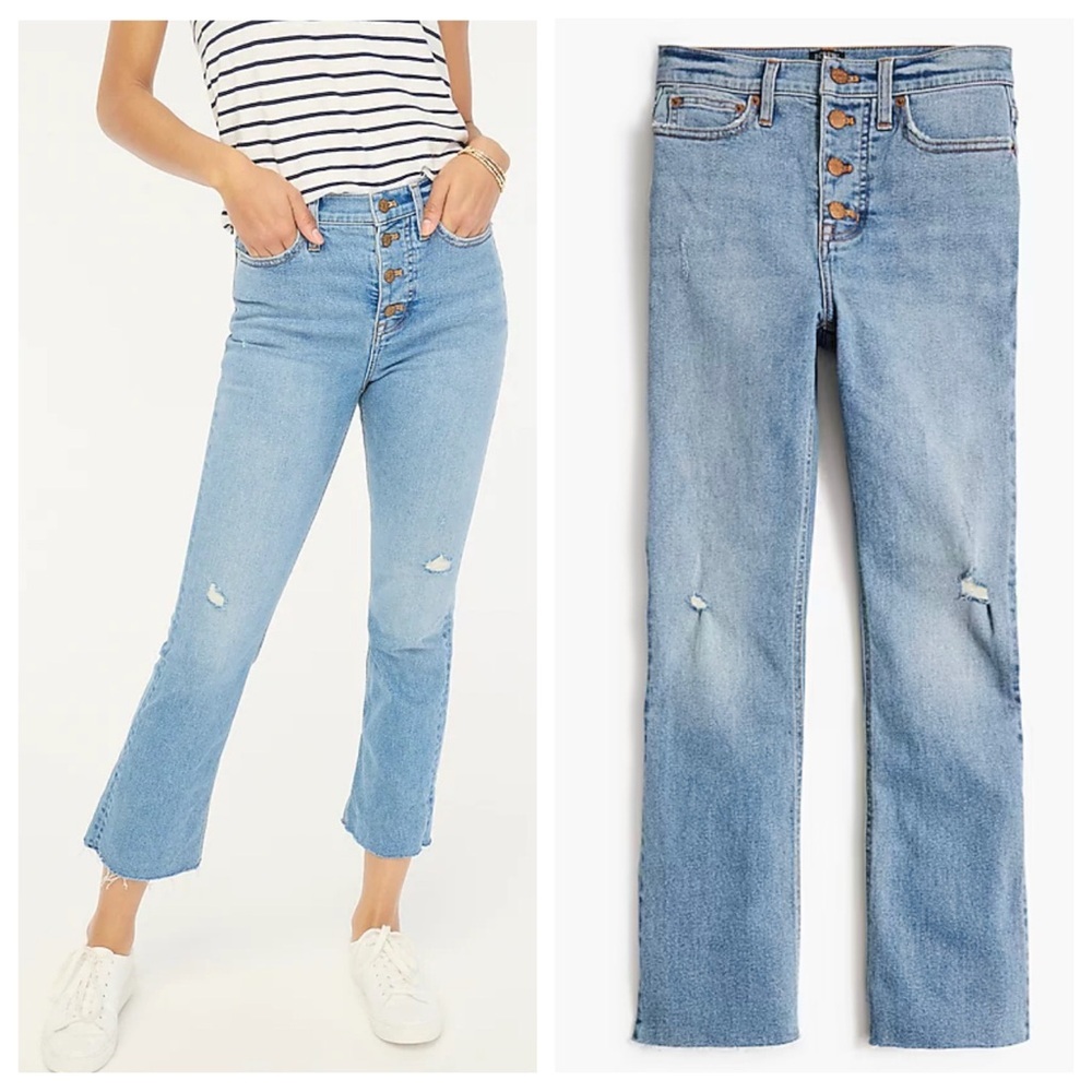 NWT J. Crew Petite High Rise Flare Crop Stretch Jean Pant 35P/18P Sun Lake Wash